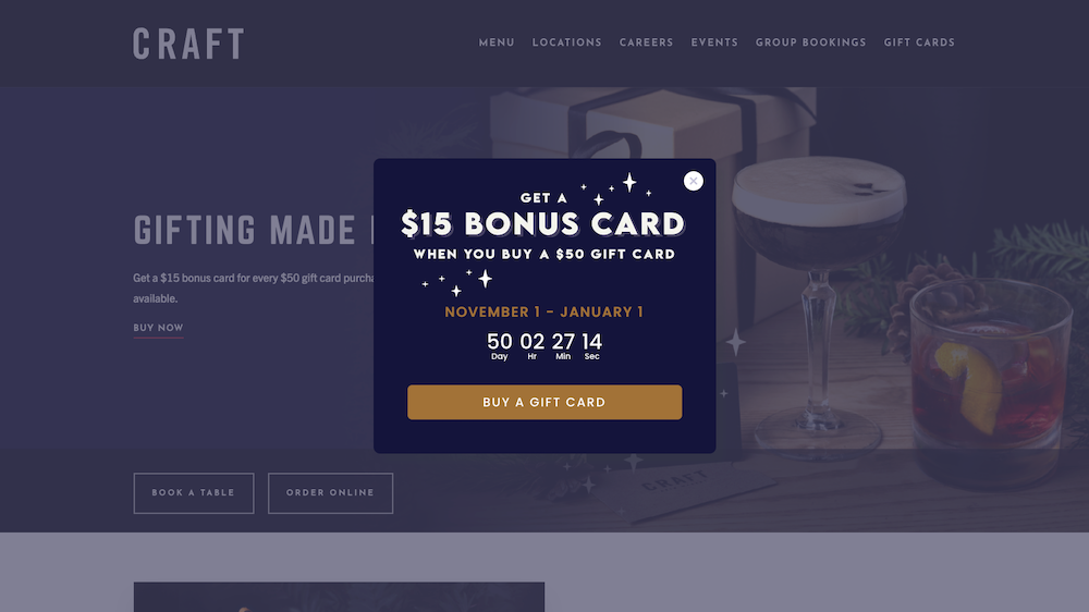 Craft Beer Market splash page example. Pop-up offers a time-sensitive gift card promotion with a countdown clock. 