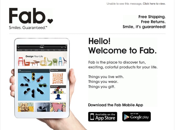Fab welcome email example