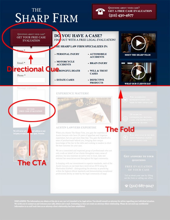 form button below fold with a directional cue pointing to the landing page CTA