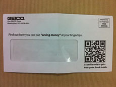 Geico direct mail envelope with a QR code - "Scan for a free quote"