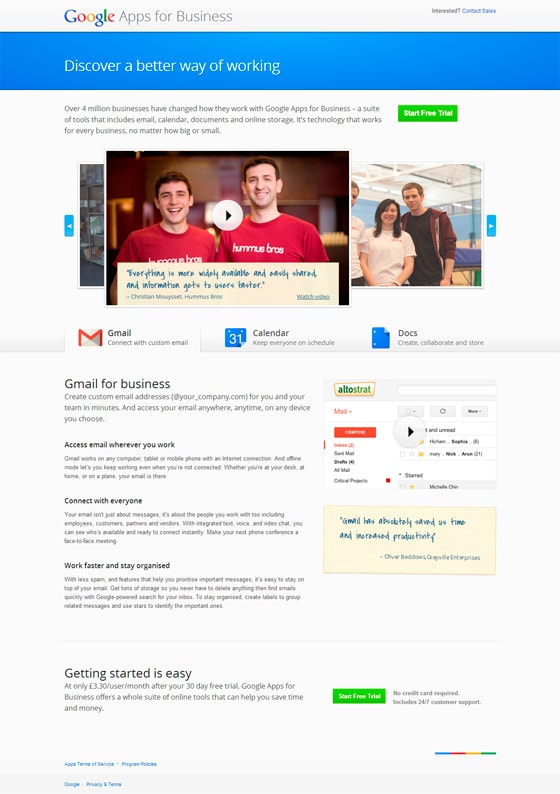 Google Apps for Business landing page example