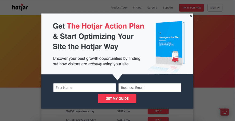 Hotjar dynamic landing page example with popup based tests