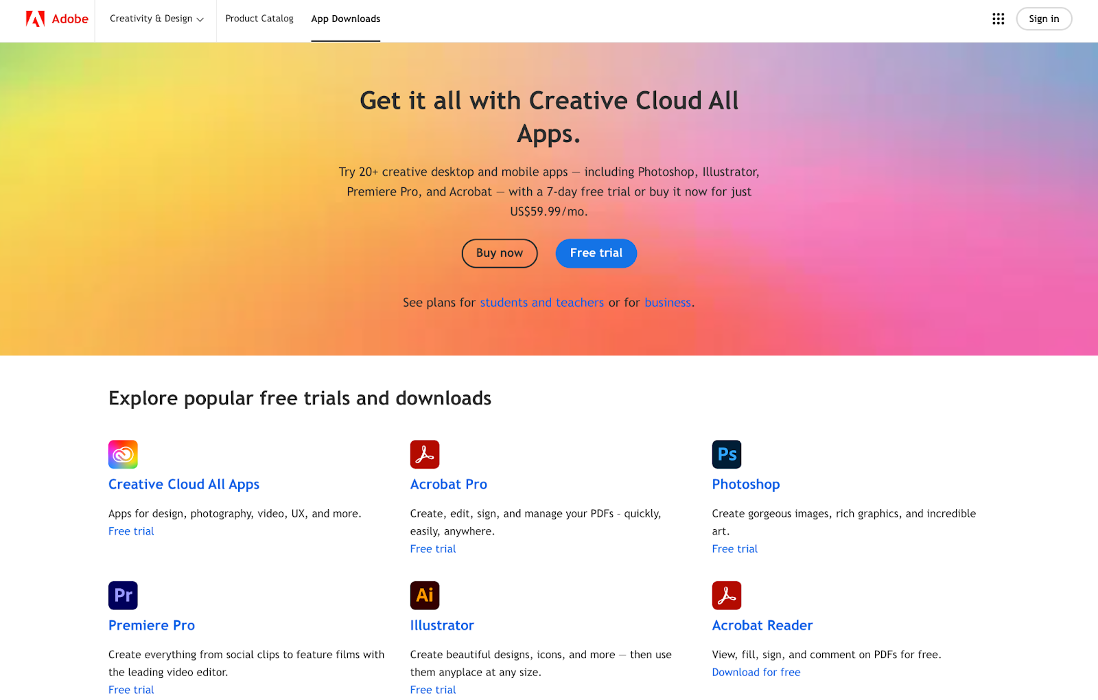 Adobe free trial landing page example