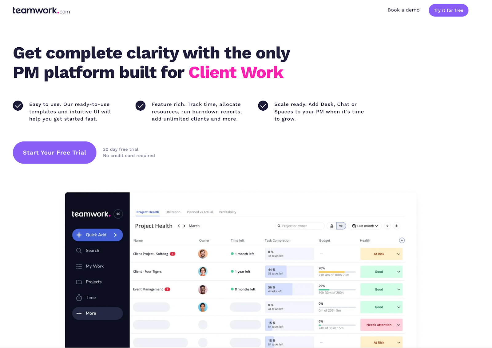 Teamwork free trial landing page example