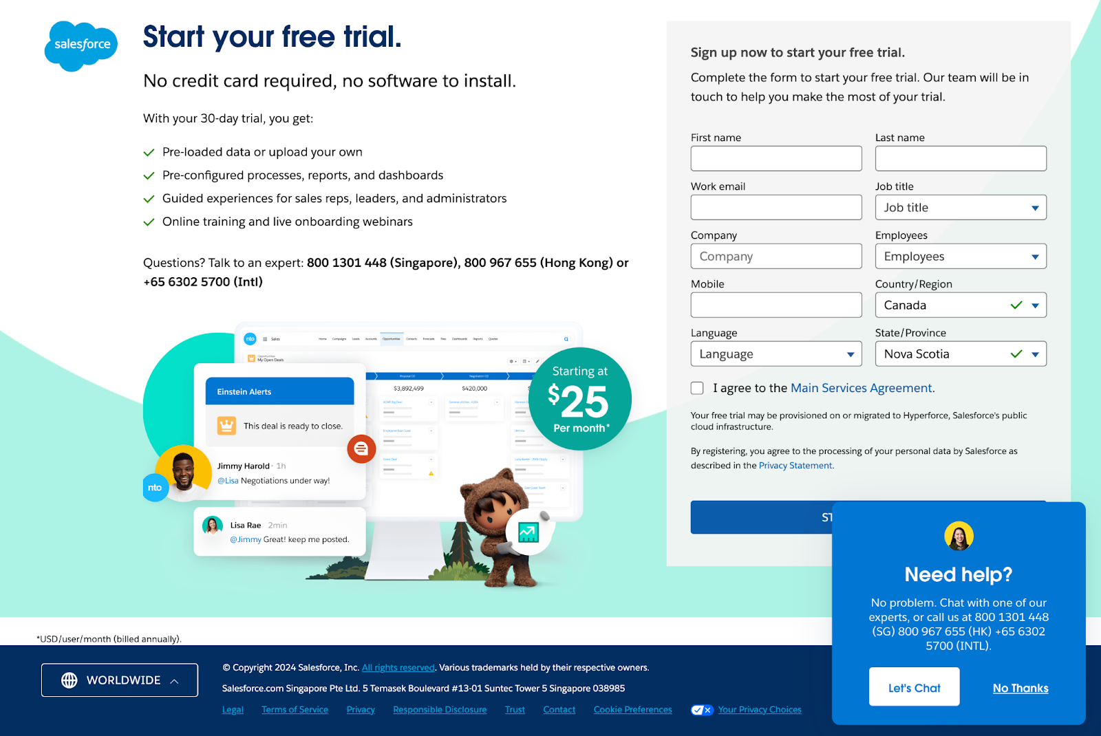 Salesforce free trial landing page example