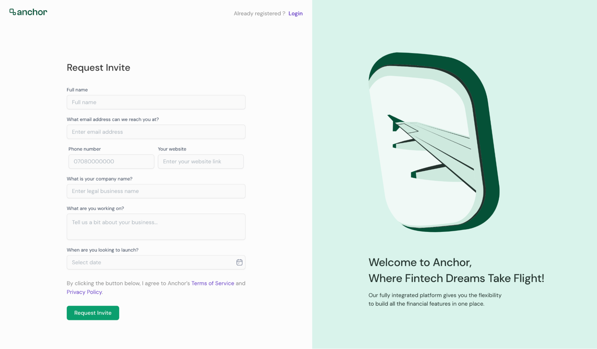 Anchor lead generation form example screenshot