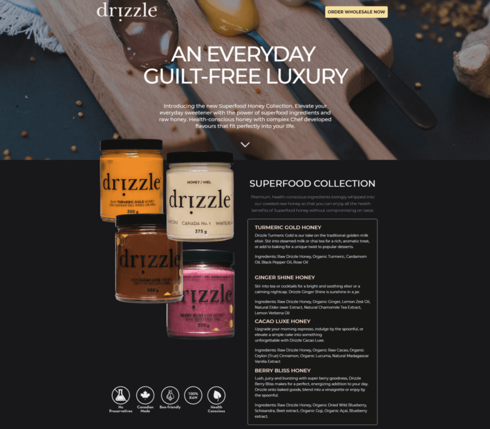Drizzle Honey superfood health and wellness landing page example screenshot