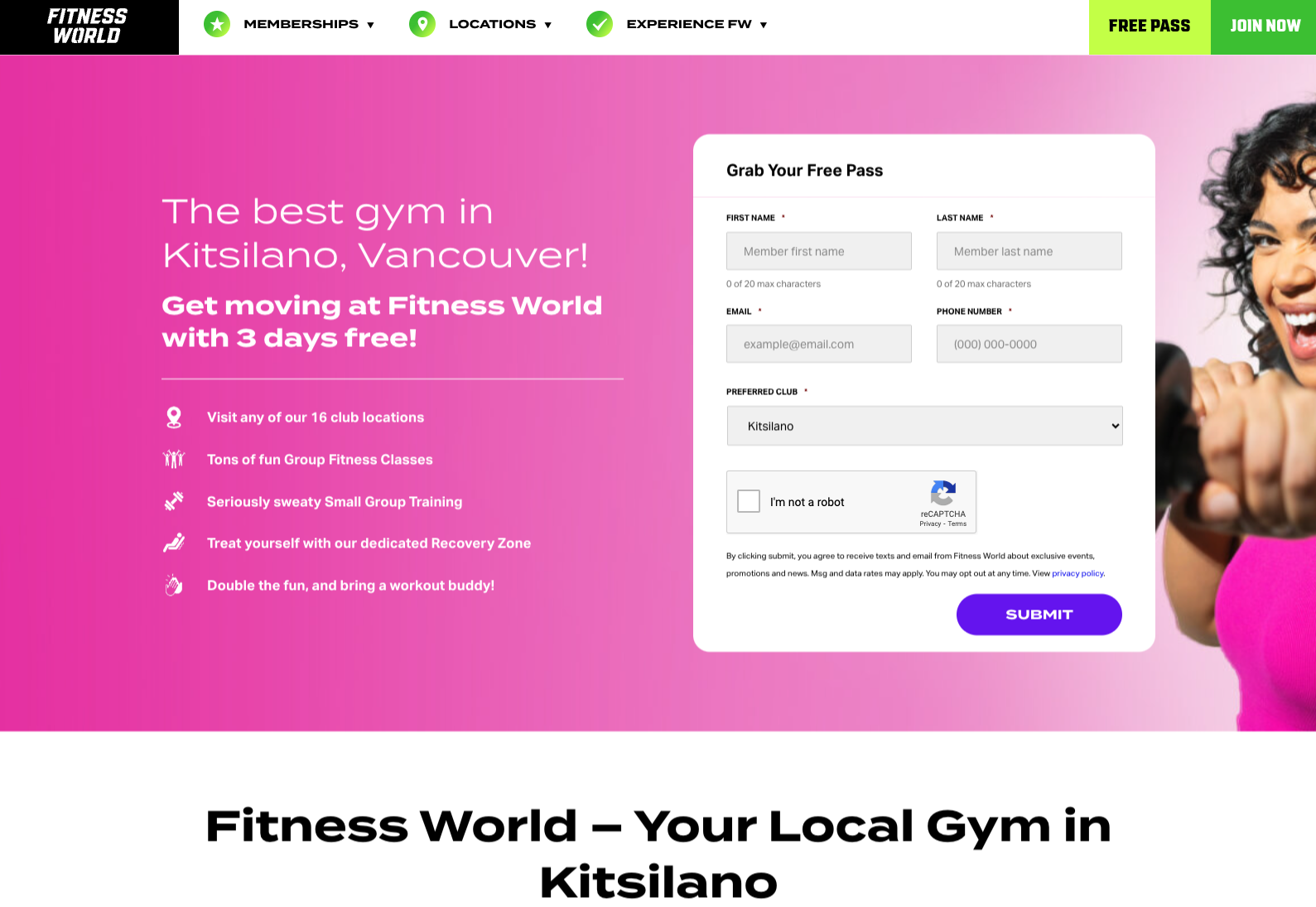 Fitness World gyn network landing page example screenshot