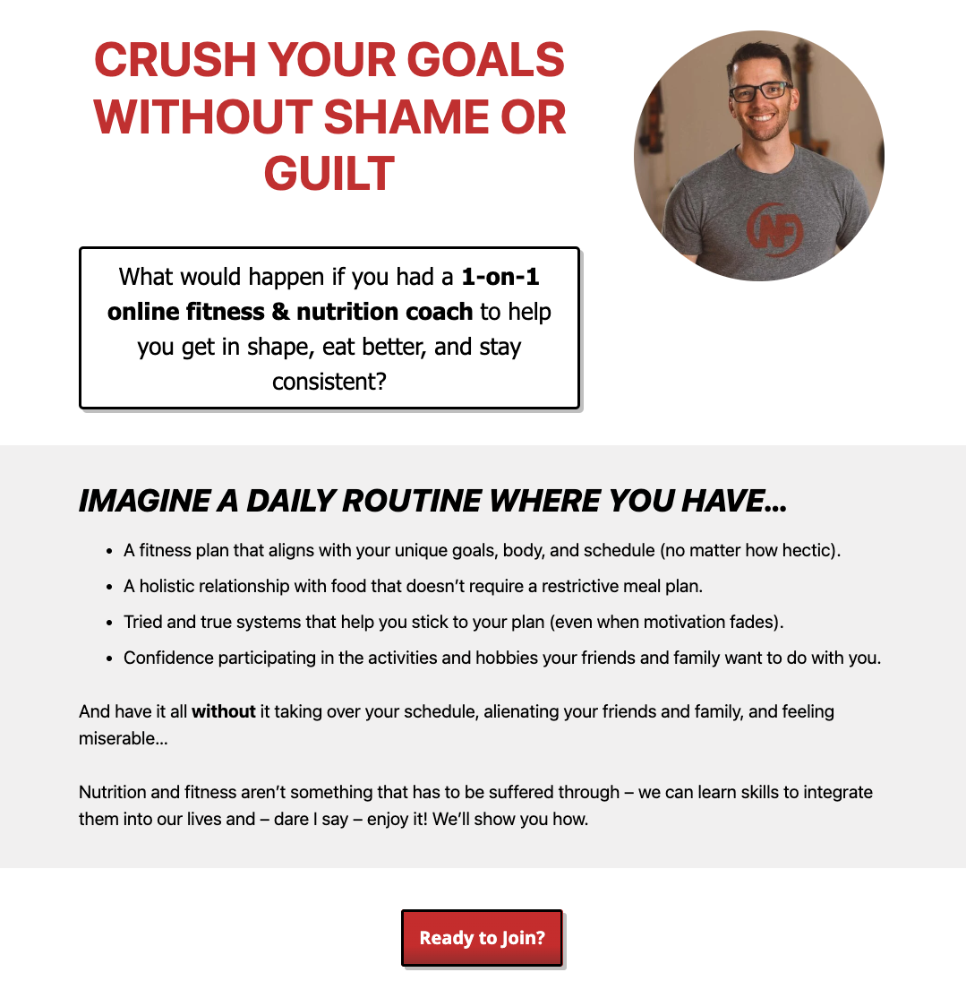 NerdFitness is a health and fitness  landing page example screenshot