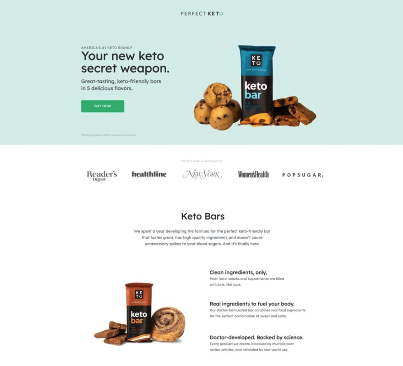 Perfect Keto fitness bars and supplement landing page example screenshot