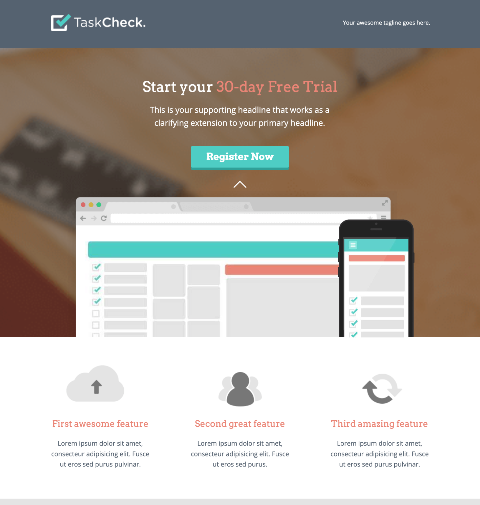 Task Check landing page template for free trial