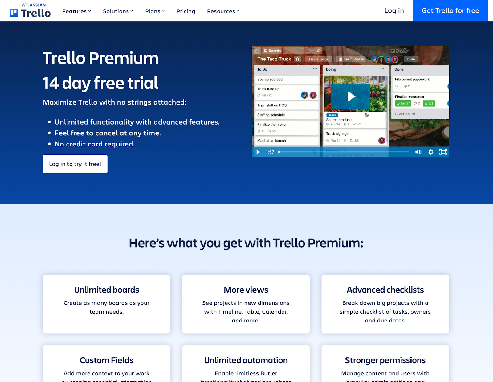 Trello SaaS free trial landing page example