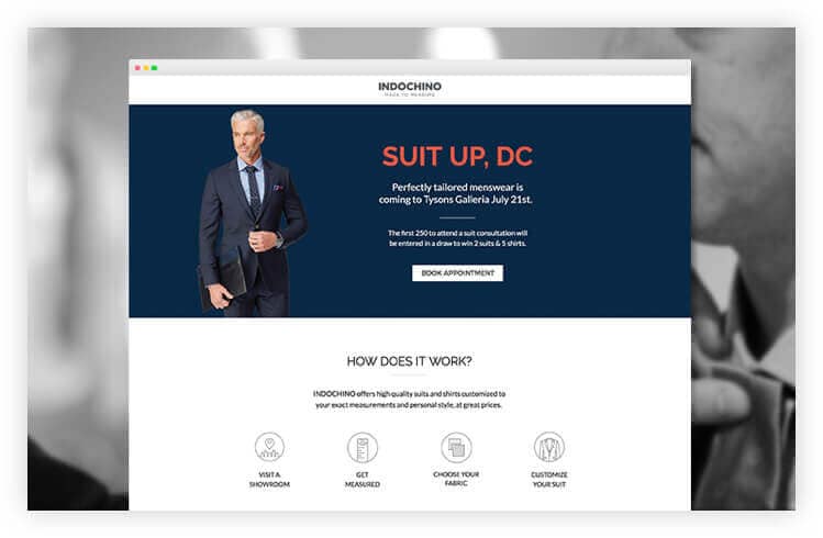 Screenshot of an Indochino landing page