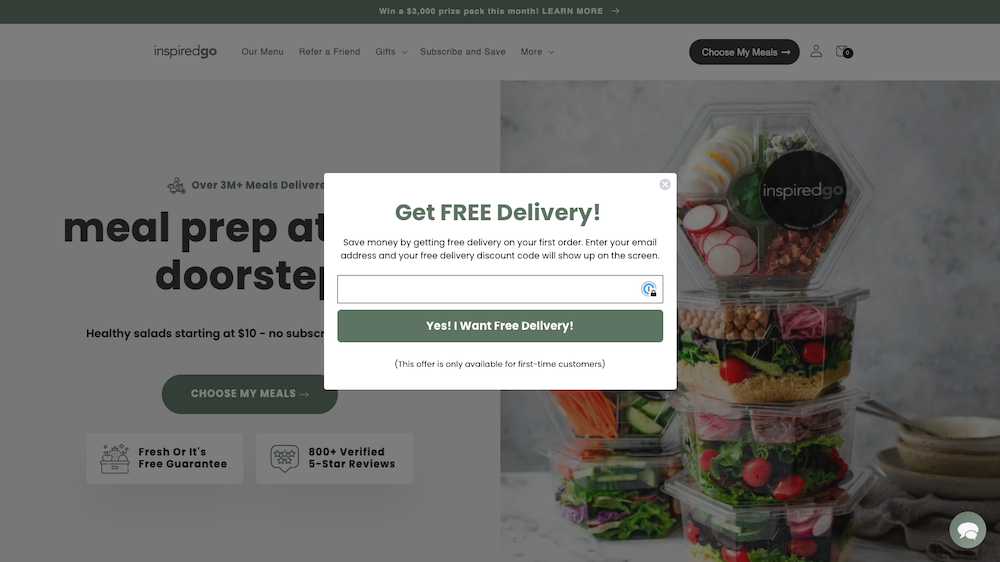 Second InspiredGo splash page example. Includes email capture and says discount code will show on screen once complete.