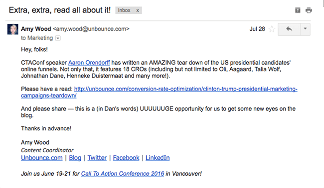 Internal email Unbounce