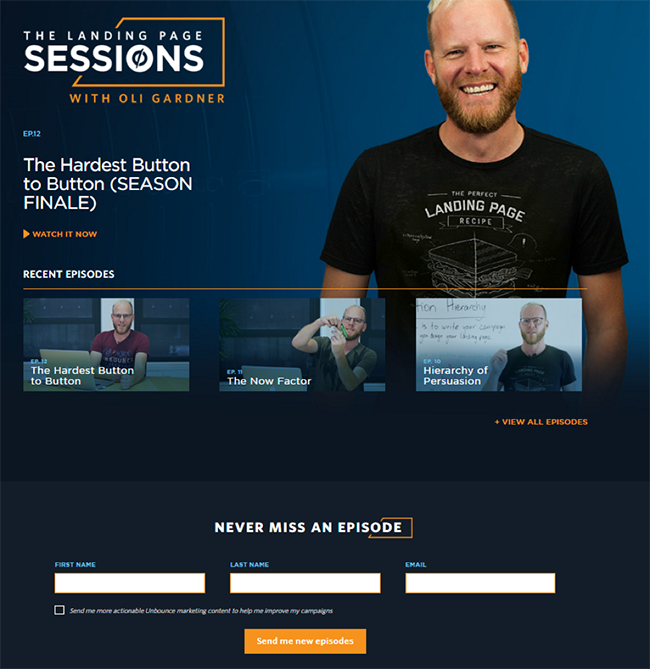 Landing Page Sessions page