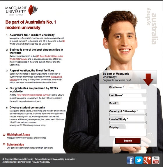 macquarie university landing page example