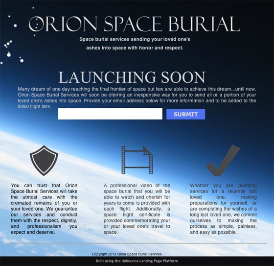 orion space burial landing page