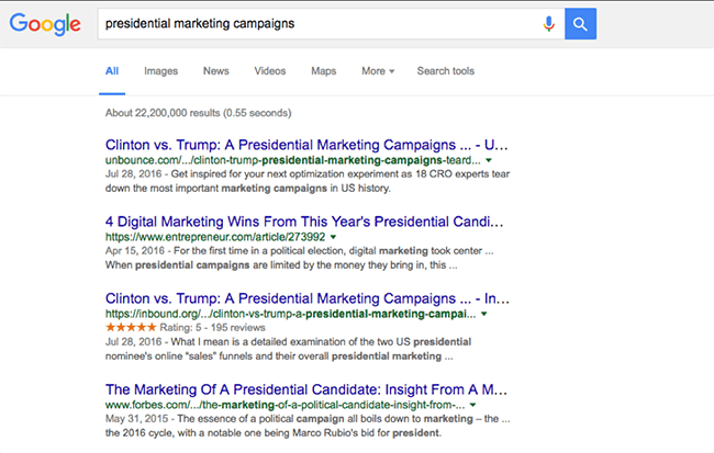 presidential marketing campaigns google search