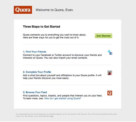 Quora welcome email example