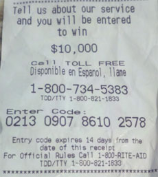 Rite Aid receipt with satisfaction survey promo code