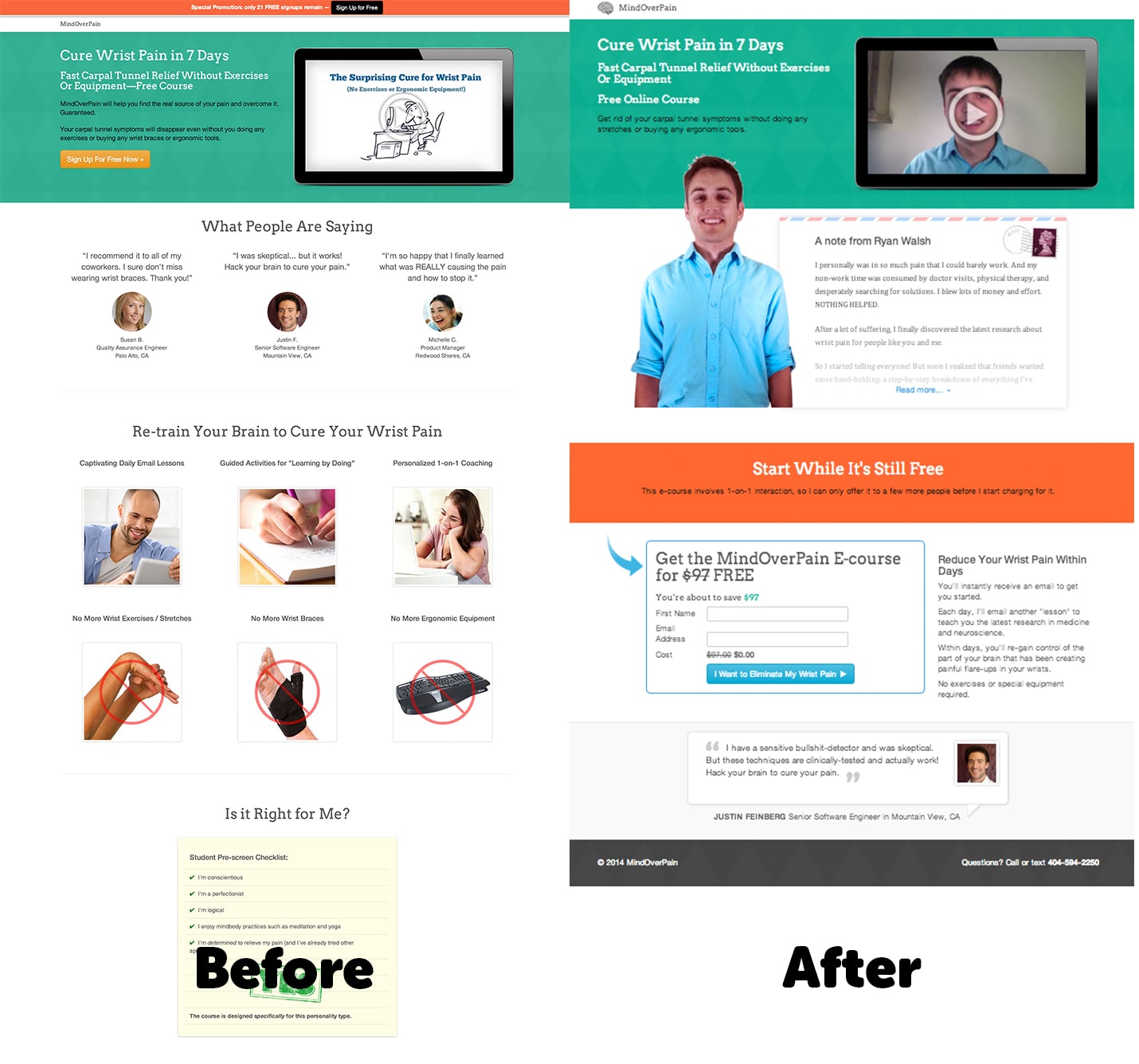 Ryan Walsh landing page example (before and after)