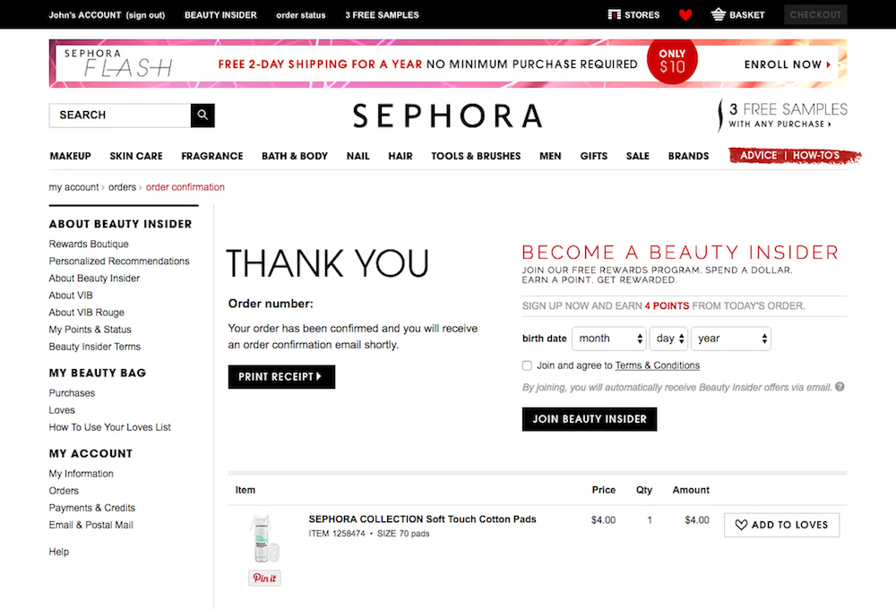 Sephora thank you page example with option to sign up for Sephora's Beauty Insider loyalty program and view additional products.