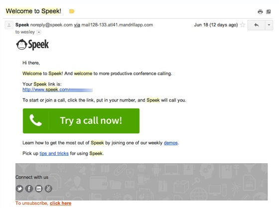 Speek welcome email example
