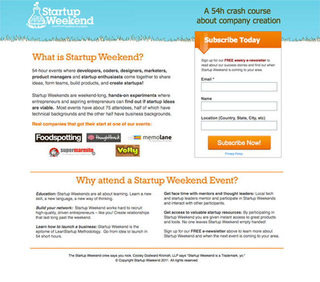 Startup Weekend landing page copy