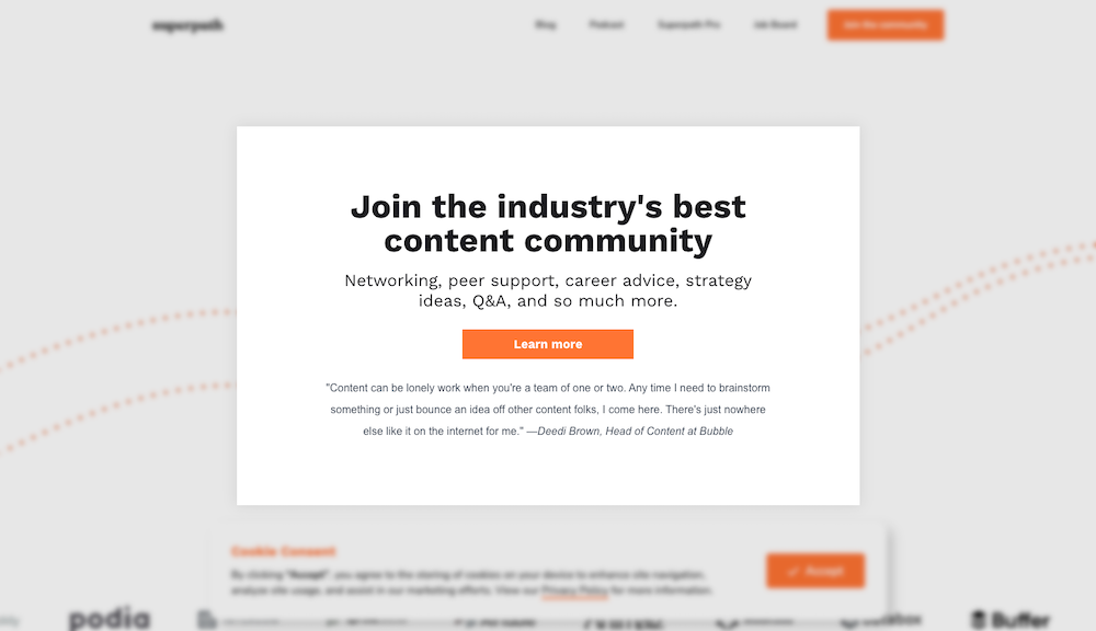 Superpath splash page example. Includes “learn more” CTA to join their content community and a quote about content.