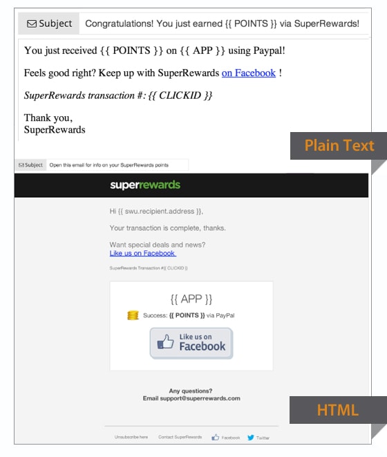 Superrewards plain text vs HTML email