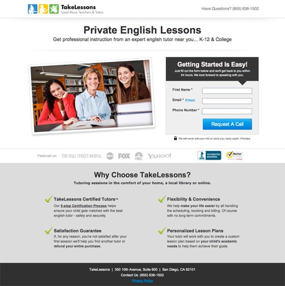 takelessons landing page example