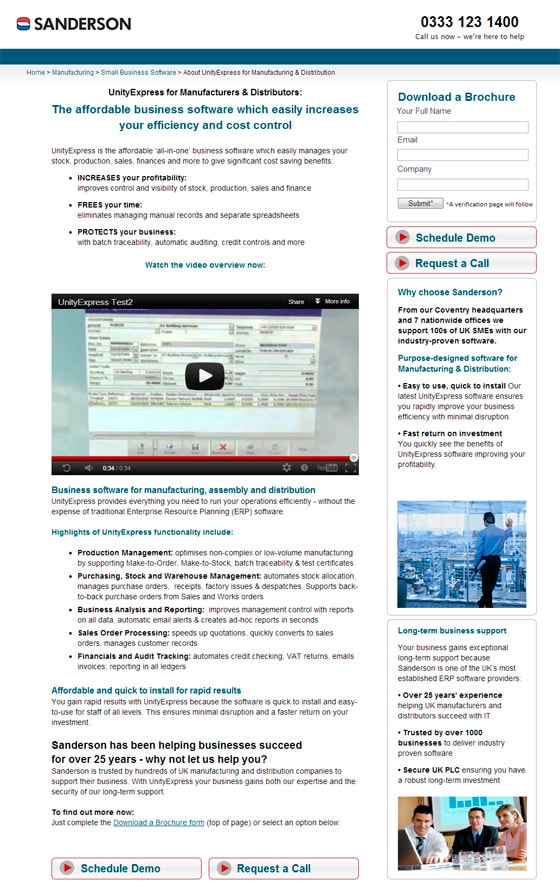 Sanderson Unity Express landing page example for SMB