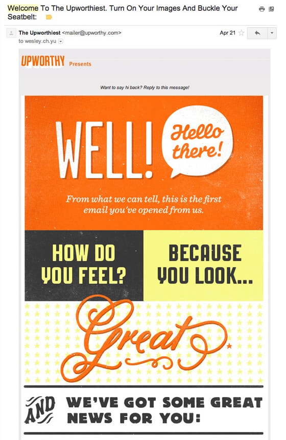 Upworth welcome email example