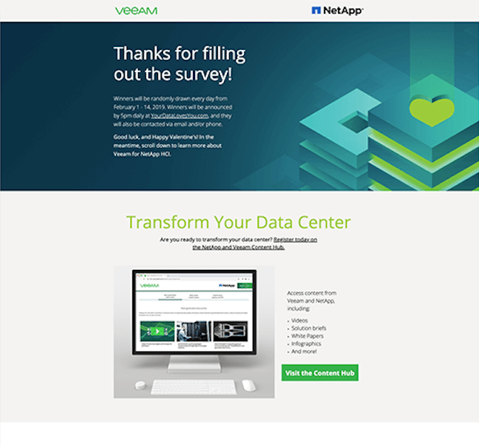Veeam thank you page example that thanks visitors for filling out a survey.