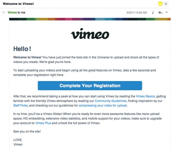 Vimeo welcome email example