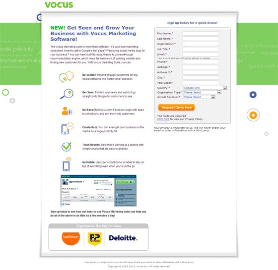 Vocus Marketing Software landing page example for small business