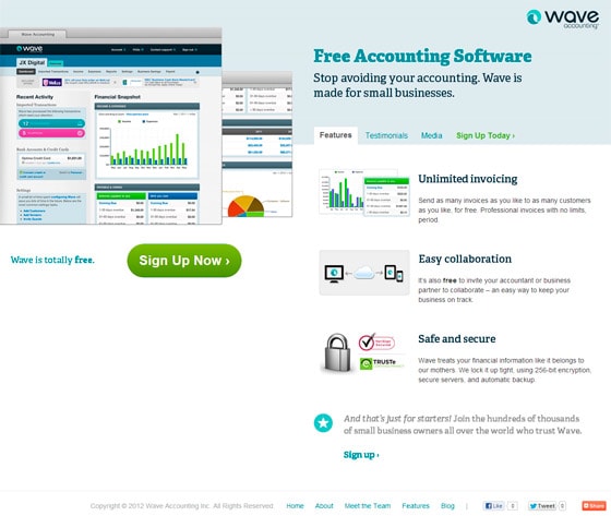 Wave Accounting landing page example for small business