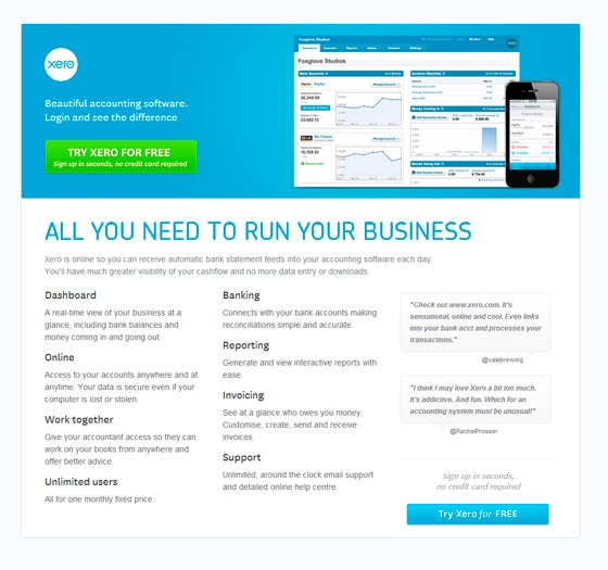 Xero Accounting small business landing page example