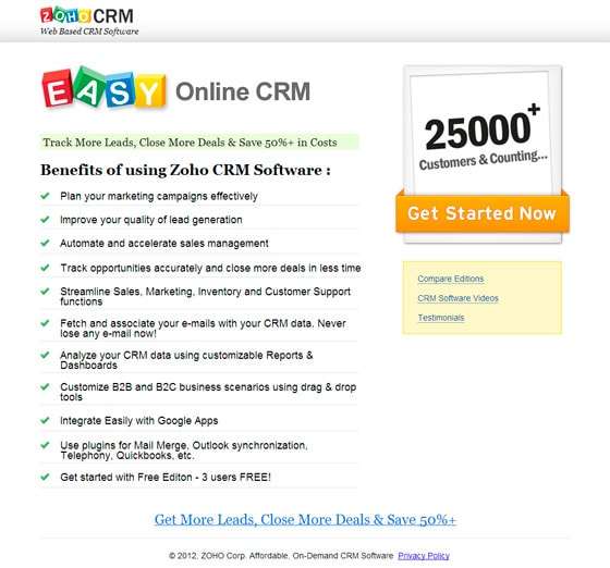 ZoHo CRM small business landing page example