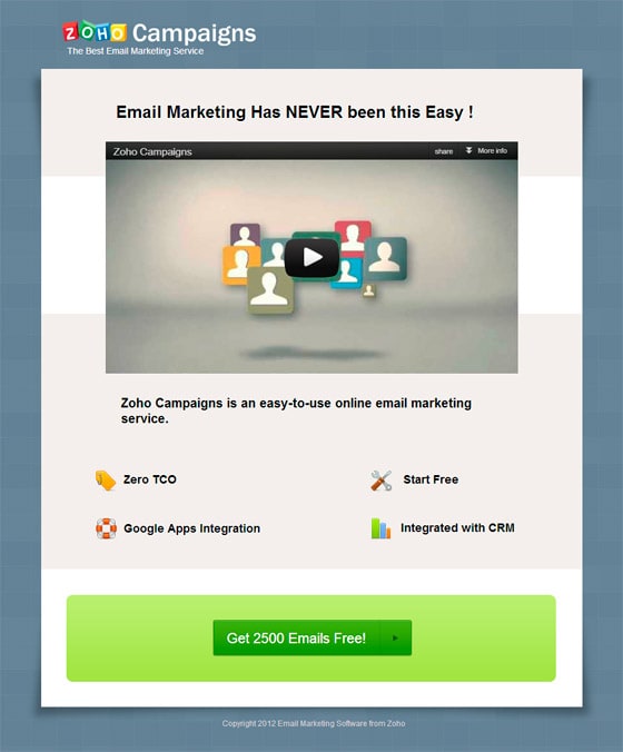 ZoHo Email Marketing landing page