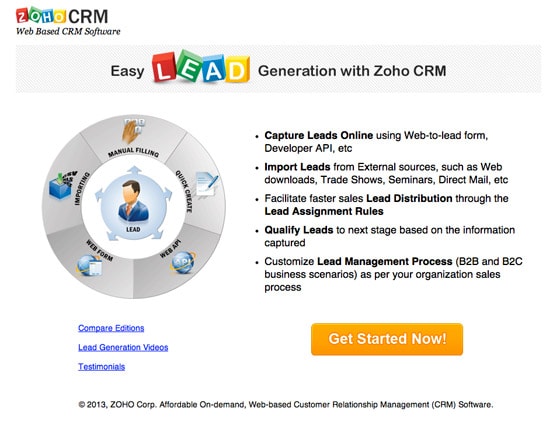 zoho social crm landing page
